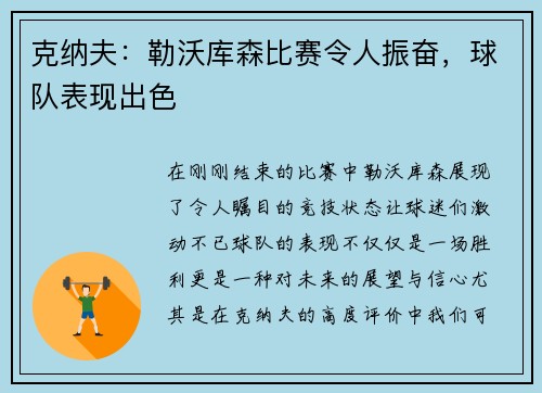 克纳夫：勒沃库森比赛令人振奋，球队表现出色